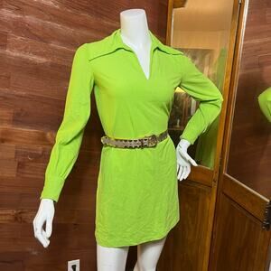 VINTAGE 70s Lime Green Gogo Dress Size 4 Terry Cloth Dagger Collar Mini